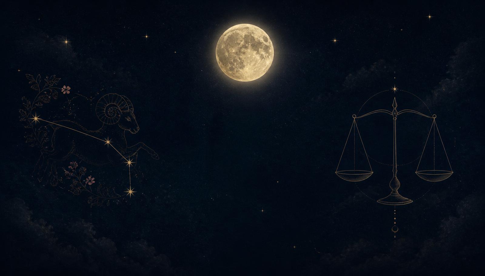 Full Moon in a refined night sky with subtle Aries and Libra symbolism