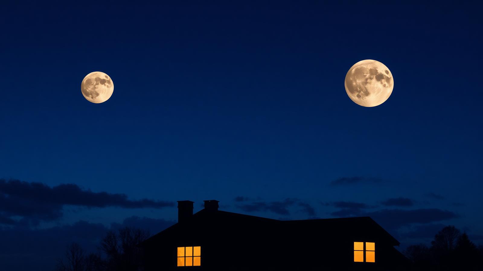Four elegant Moon phases above a quiet home silhouette in deep indigo, ivory and antique gold