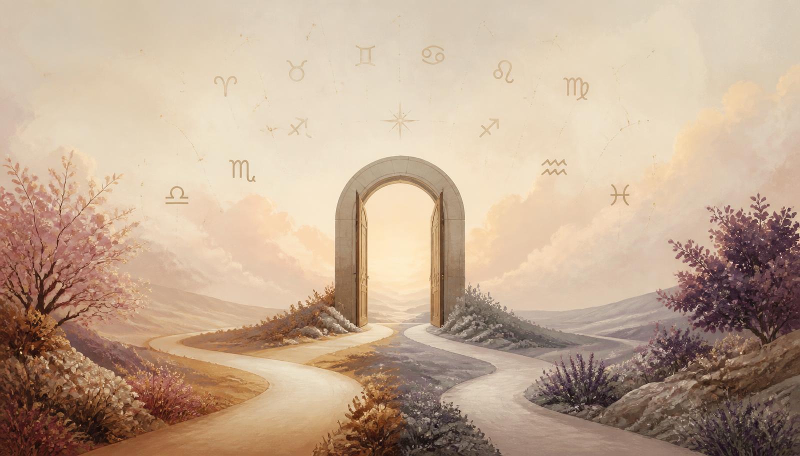 Two elegant paths beginning to meet beneath twelve subtle zodiac symbols