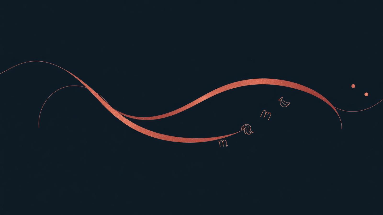 Two flowing paths moving apart and meeting again beneath faint zodiac symbols
