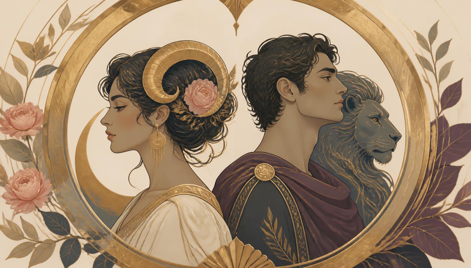 Two elegant zodiac profiles viewed through an open circular frame