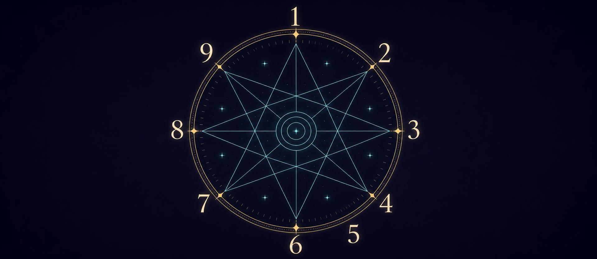 Midnight numerology wheel with the numbers one to nine in gold and fine cyan geometry