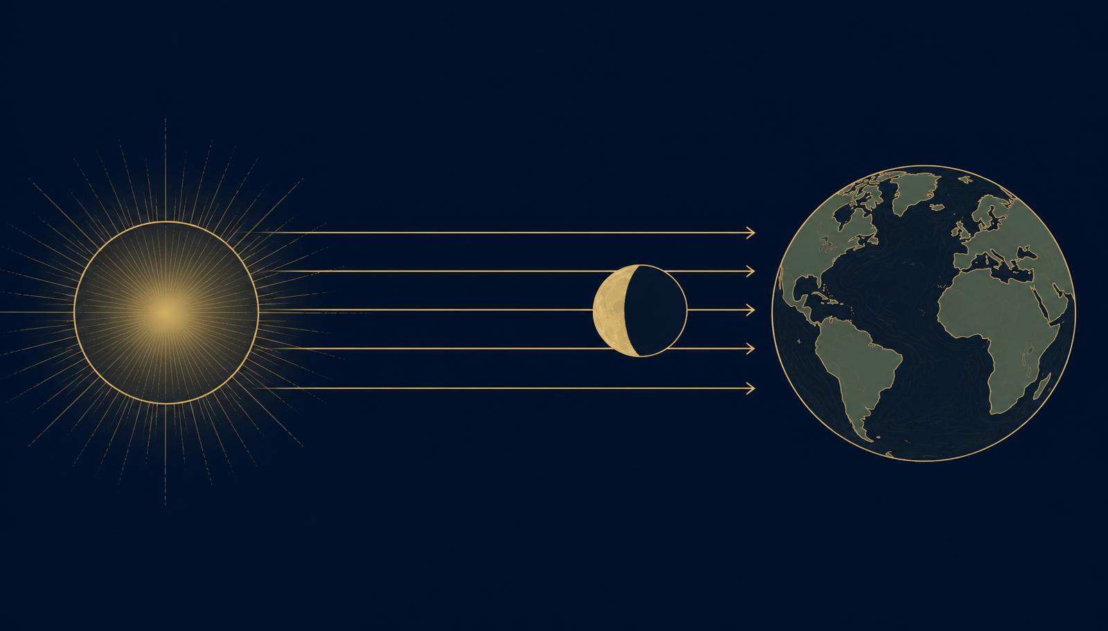 Diagram of the Sun, Moon and Earth at New Moon, with the Moon between Earth and the Sun and its near side unlit