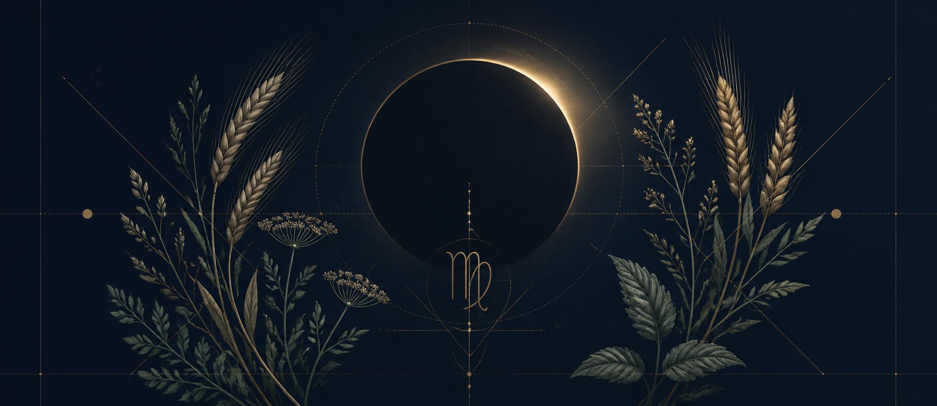 Dark New Moon with a refined Virgo-inspired botanical and geometric motif