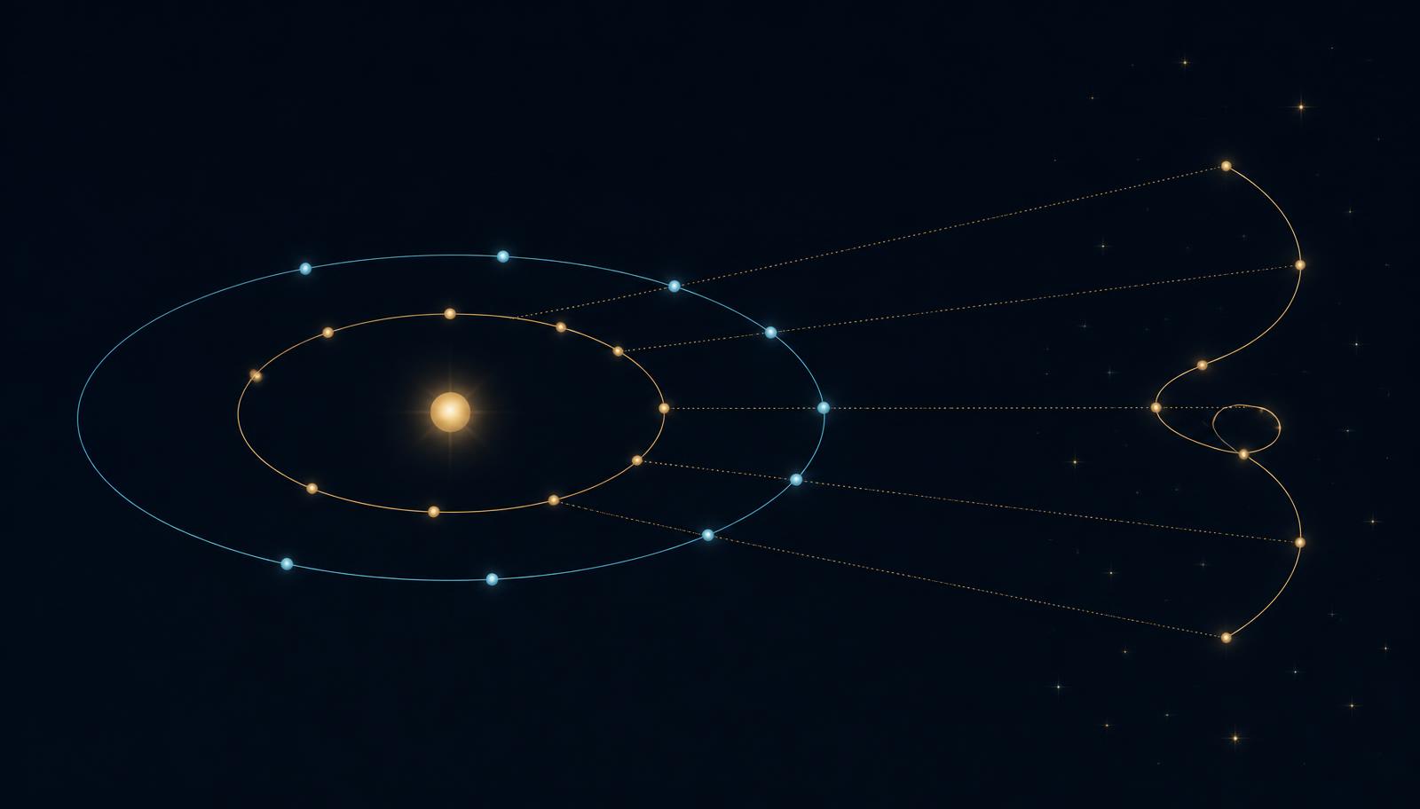 Diagram showing Earth and Uranus continuing forward in their orbits while Uranus traces an apparent backward loop against the background stars