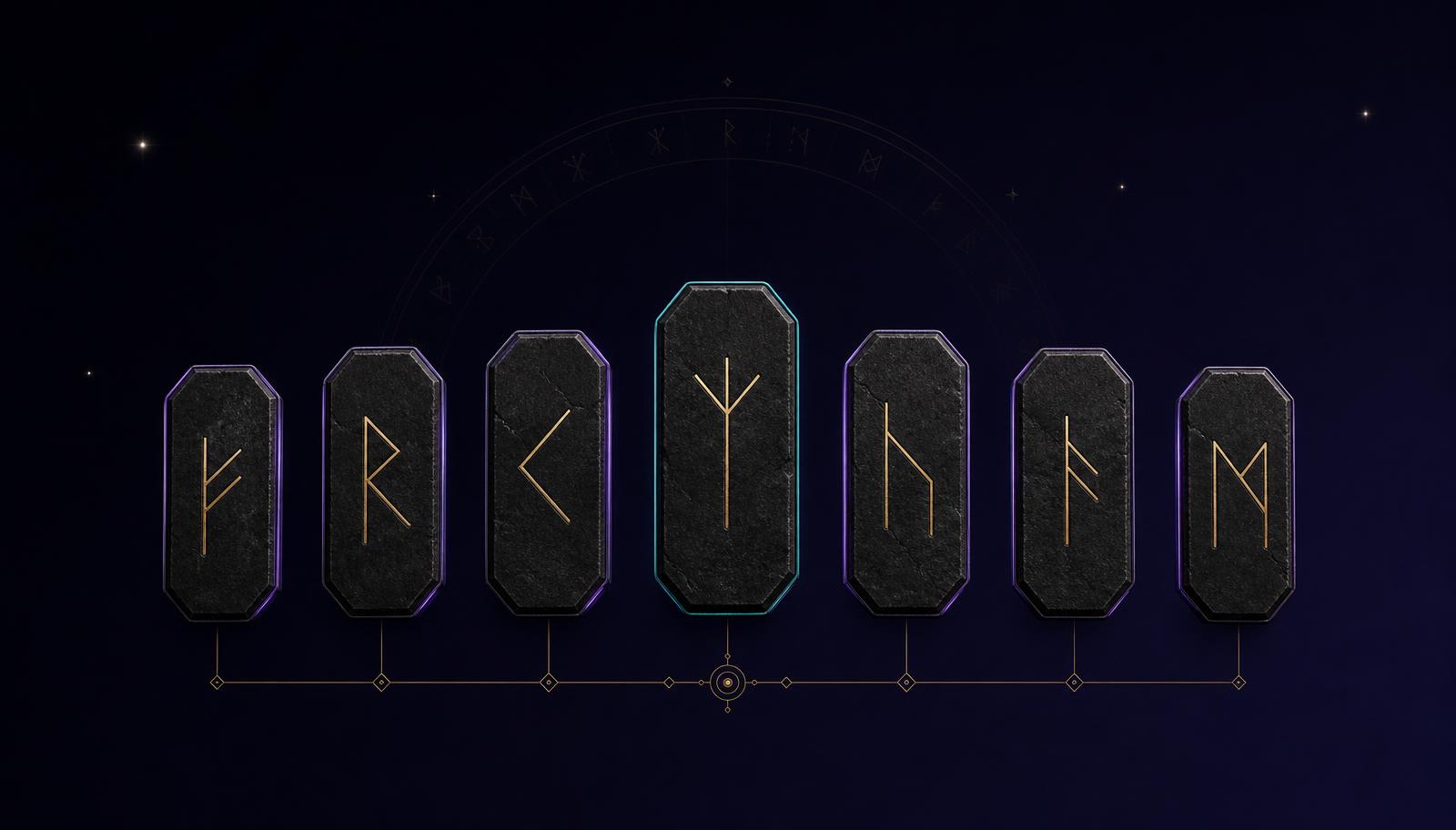 Seven rune symbols arranged in a refined dark composition for a guide to modern luck associations