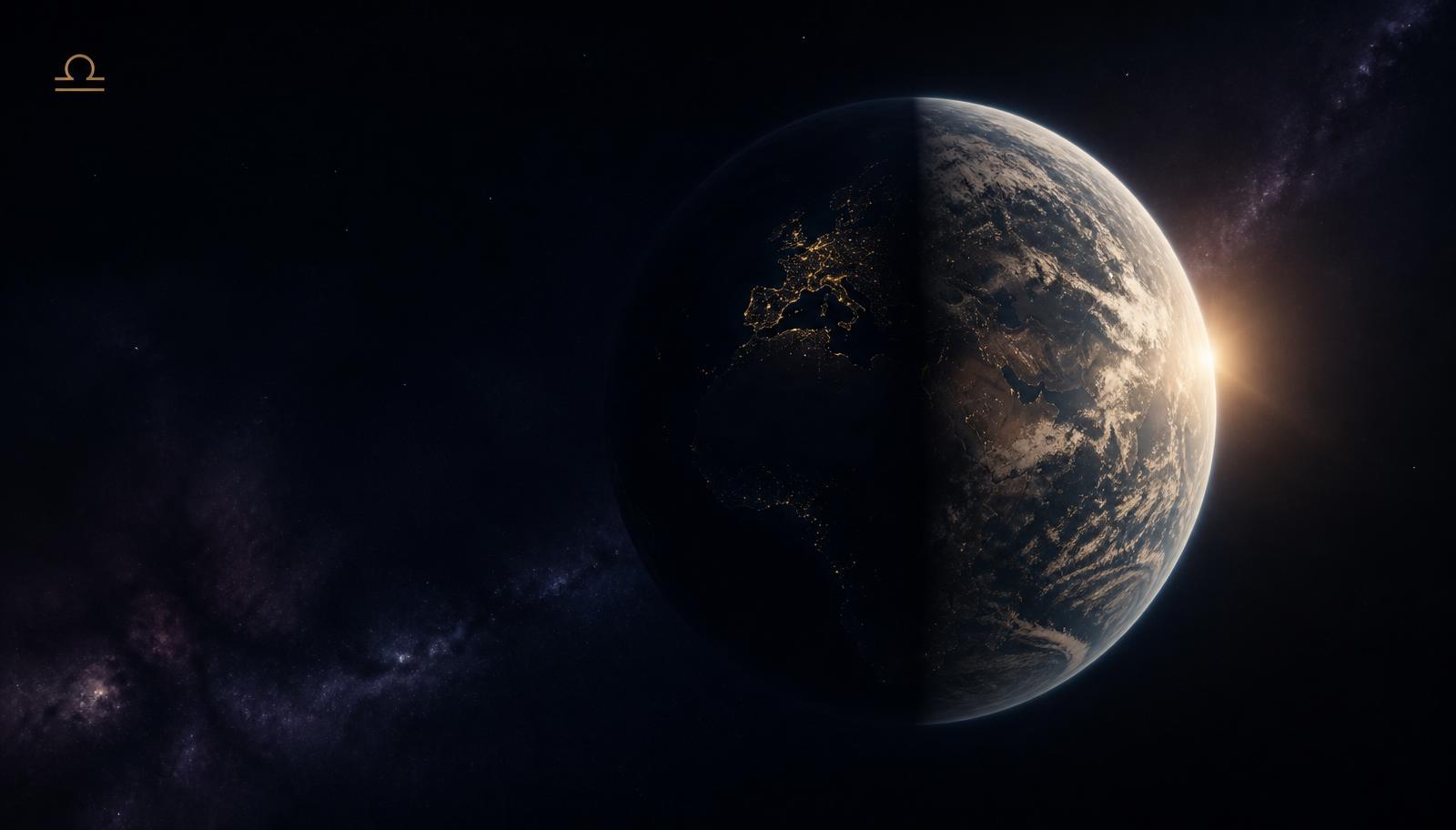 Earth at the September equinox with a subtle Libra balance motif