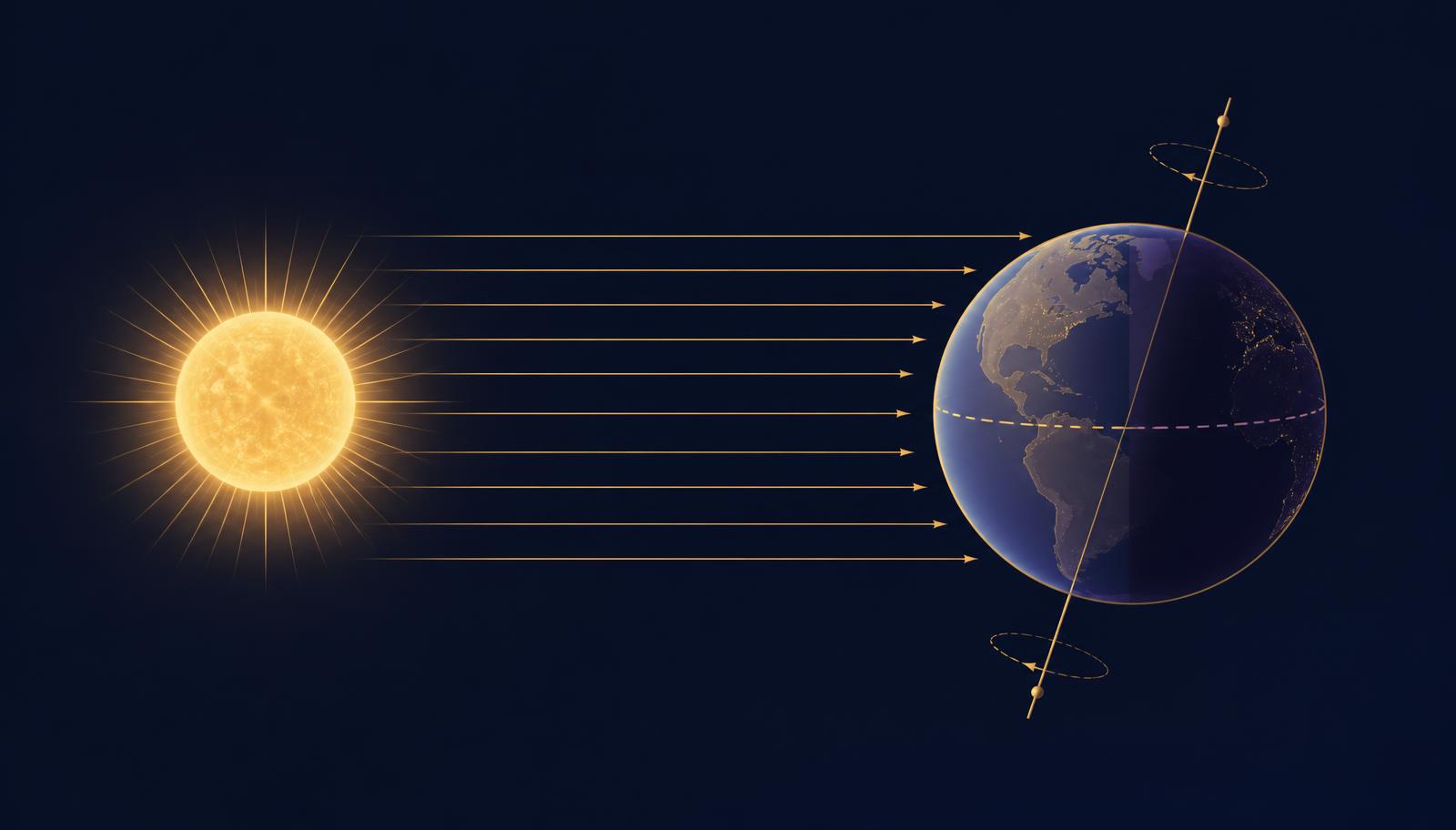 Diagram of the Sun and Earth at the equinox with a tilted axis and an even distribution of sunlight between the hemispheres