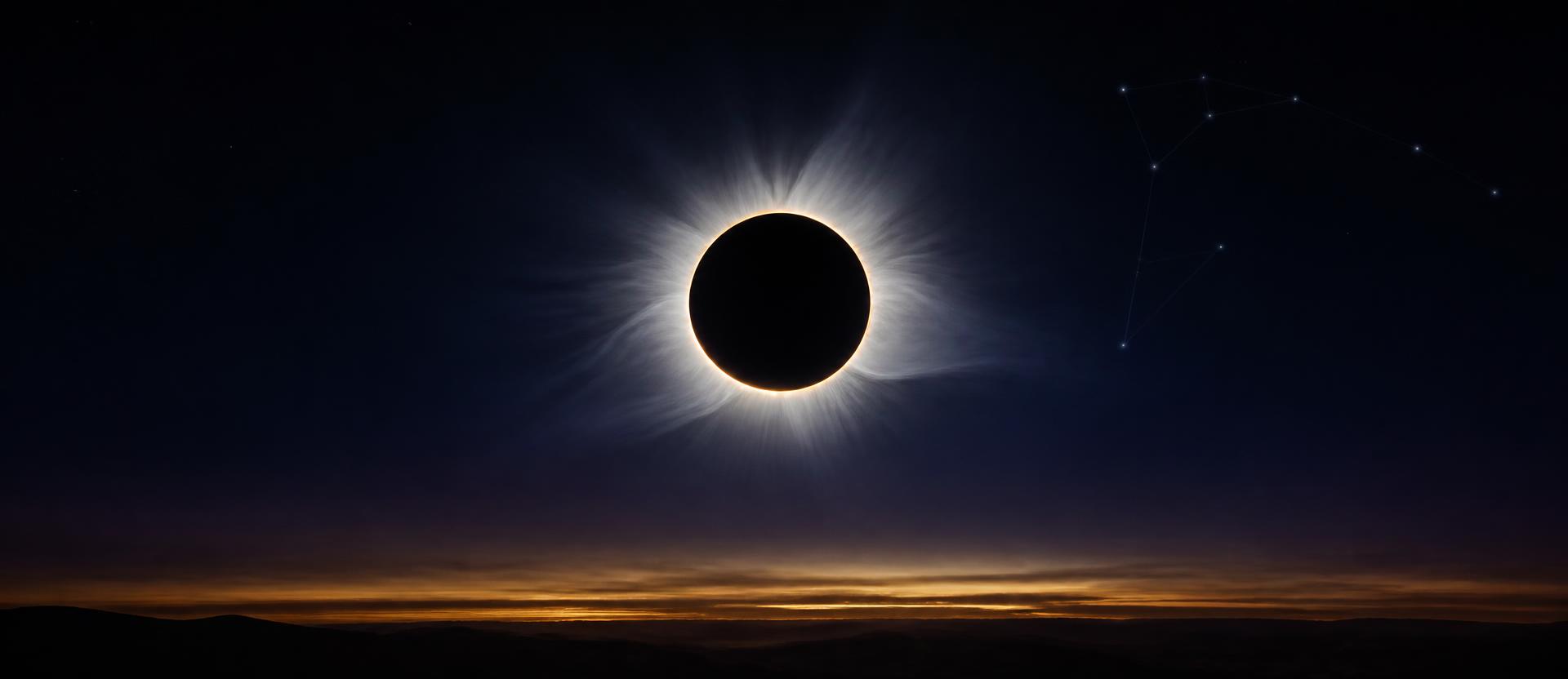 Total solar eclipse above a dark gold horizon with a subtle Leo constellation