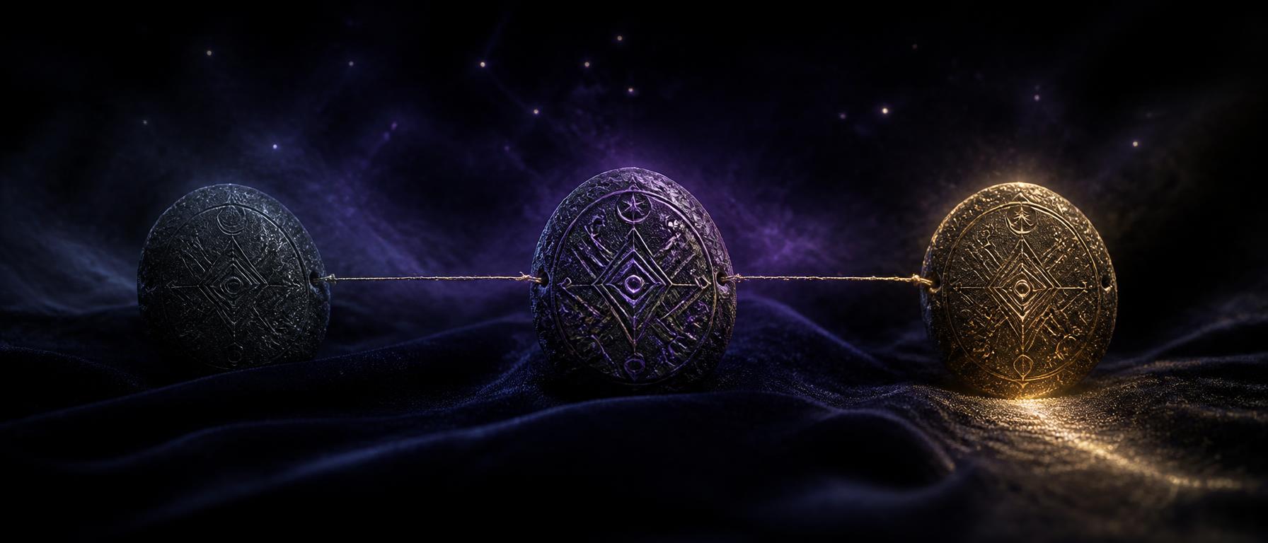 Three carved rune stones representing past, present and next step on a dark illuminated surface