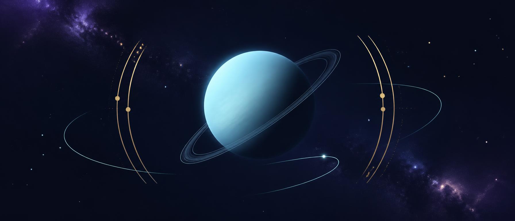 Uranus against a dark sky with twin Gemini-inspired lines and a looping orbital motif