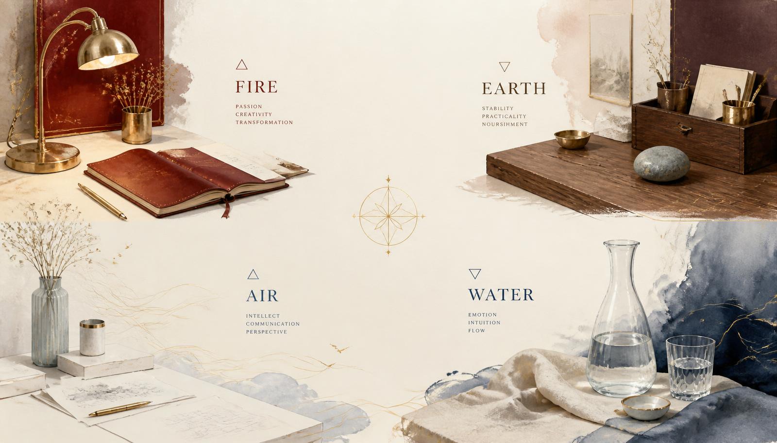 Four elegant workspaces representing Fire, Earth, Air and Water zodiac elements