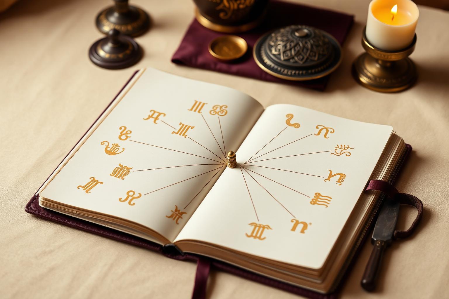Twelve subtle zodiac symbols surrounding an elegant work decision crossroads