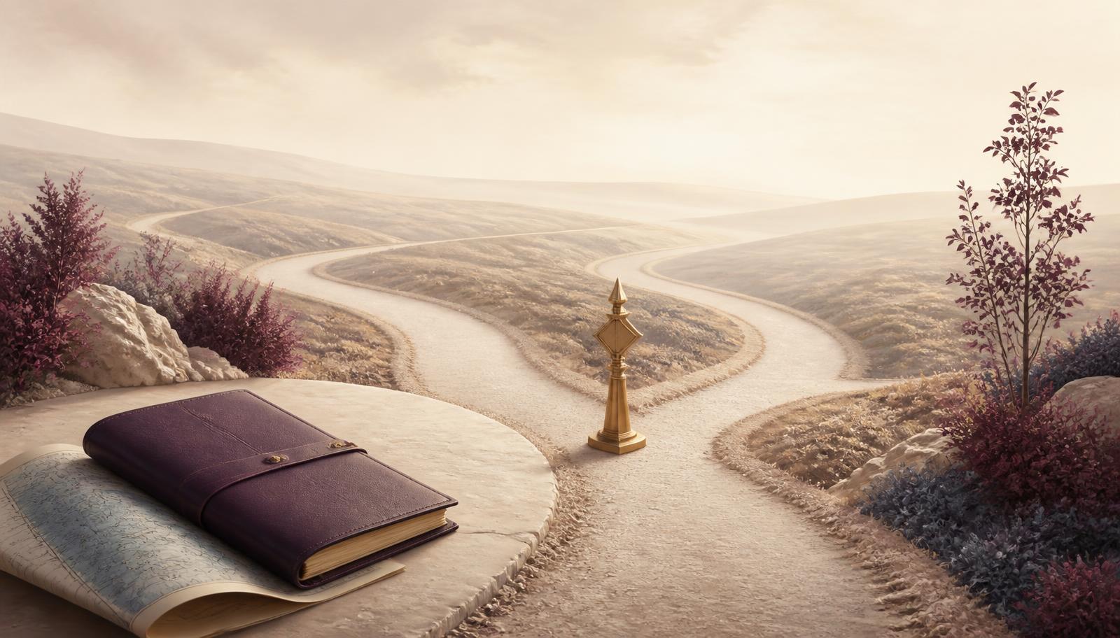 An elegant path dividing into several directions with one subtle golden marker