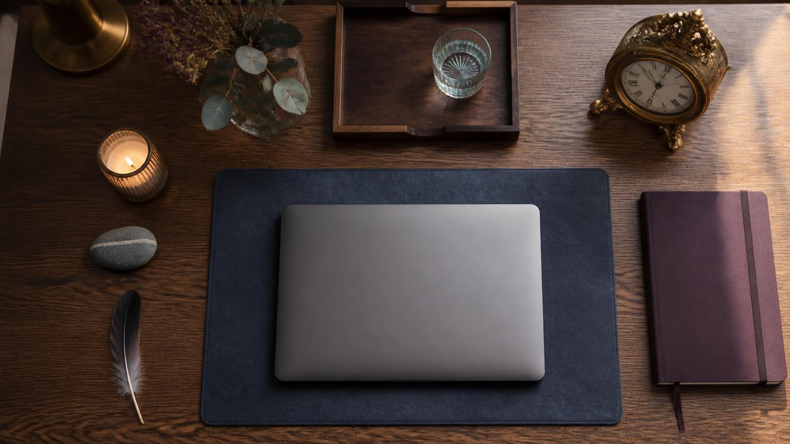 An elegant organised desk with four subtle zodiac-element details and clear work zones